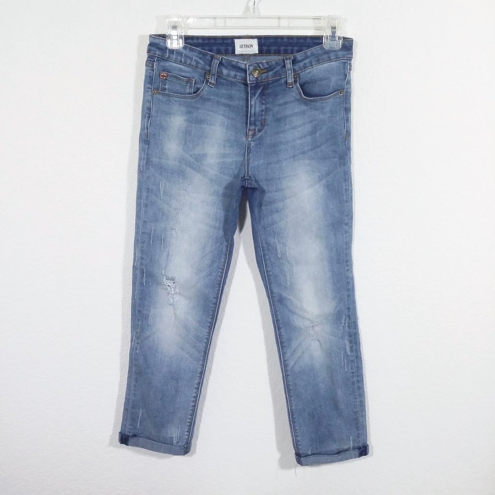 Hudson Kids Girls Distressed Crop Slim Straight Leg Boyfriend Jeans 14 Denim